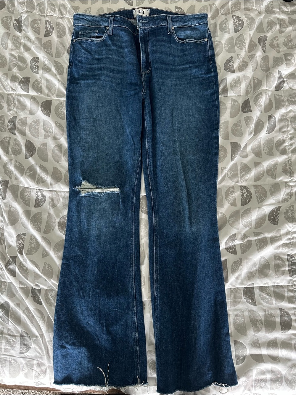 PAIGE Dark Indigo Flare Jeans with Knee Distress
